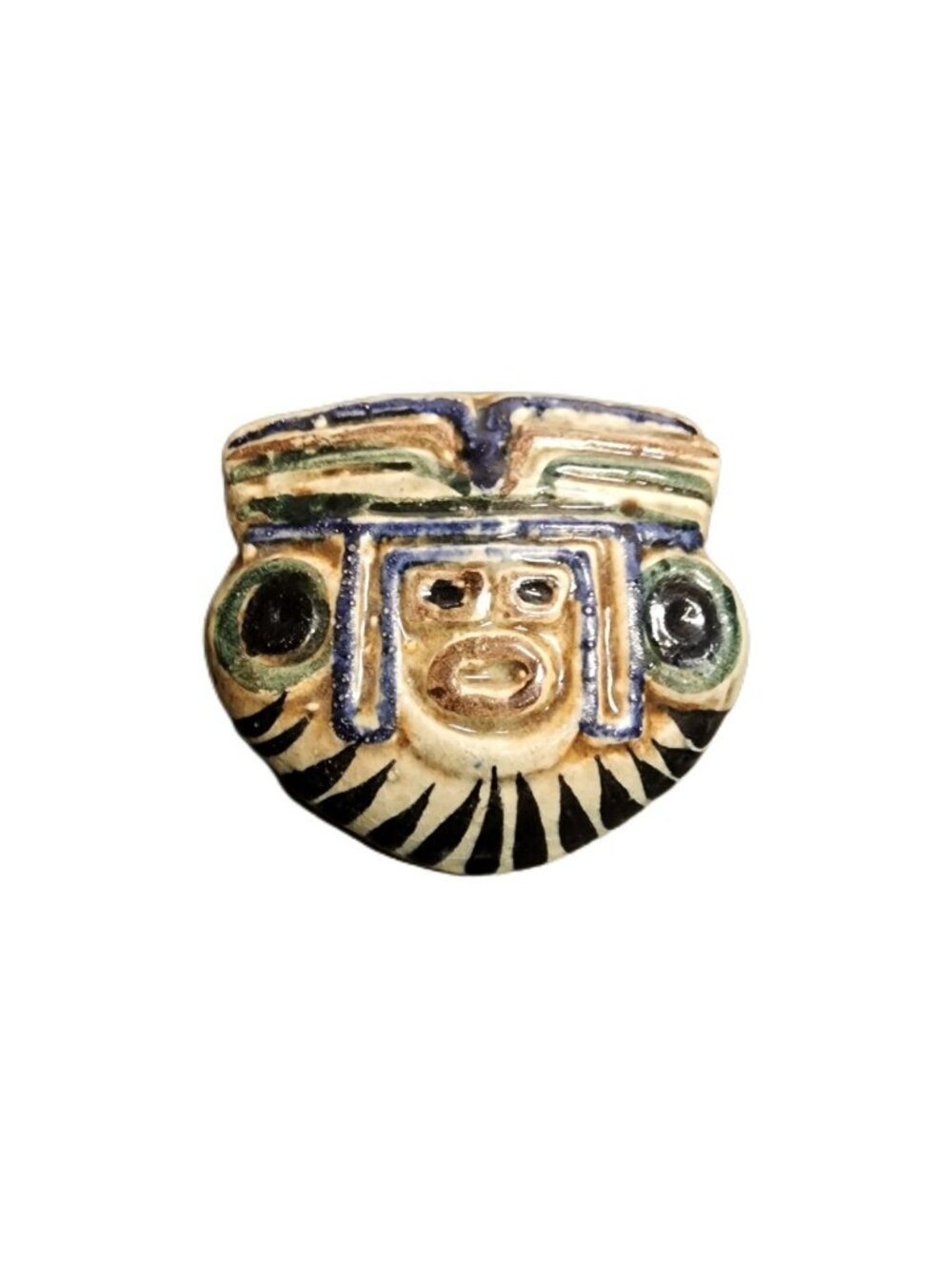 Vintage Tonala Mexican Pottery Pendant Necklace Blue & Green Aztec Face Signed